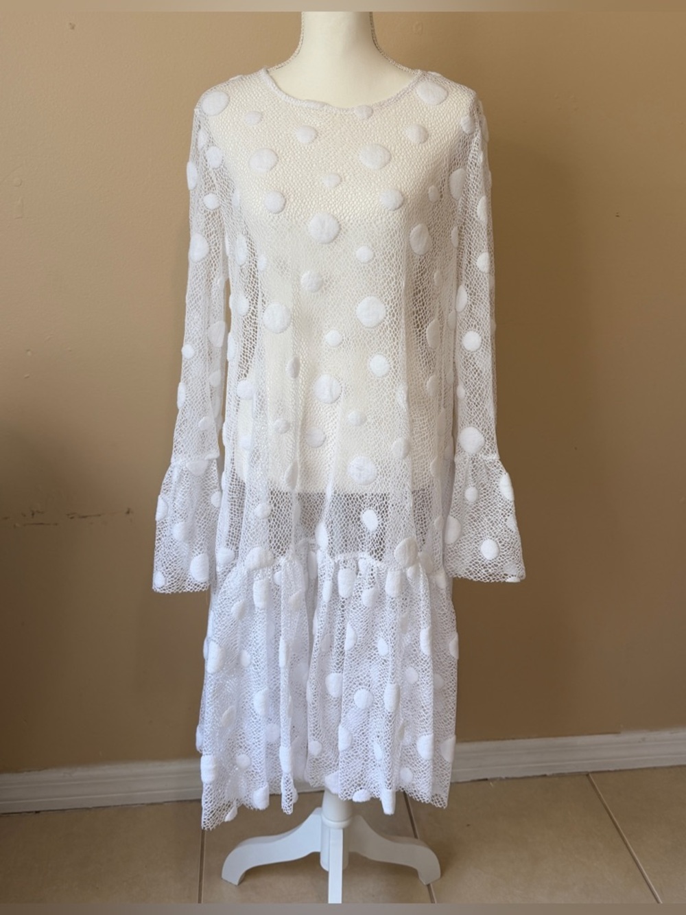 Giovanna Signature White Polka Dot Lace Mesh Dress Bell Sleeve Tiered Midi Sz L